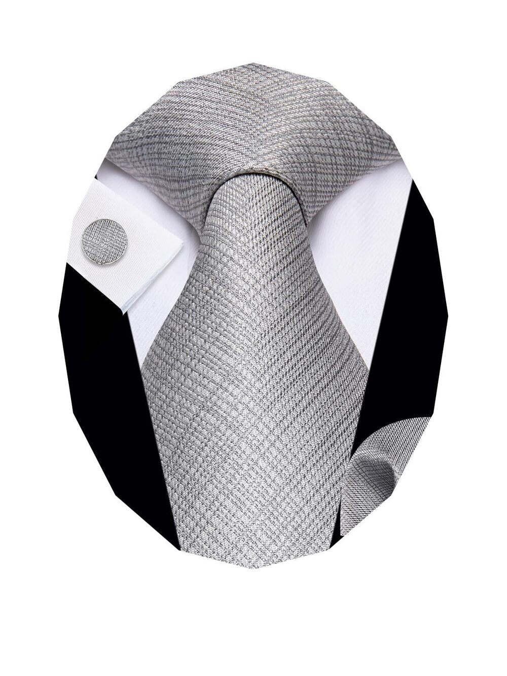 2093 Gray Ties Woven Grey Silk Necktie Handkerchief Cufflink Solid Color